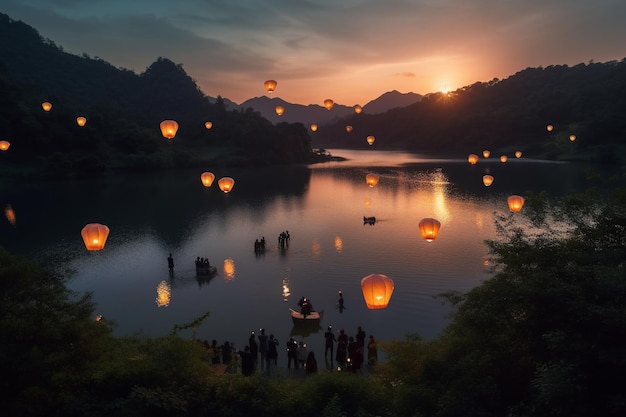 A group of people are standing in the water and flying lanterns with the sky in the background.
