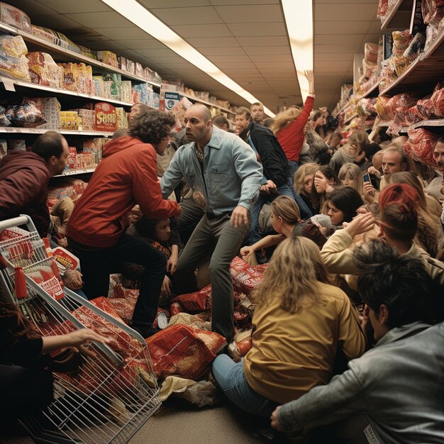 a group of people are in a store with a man in a blue shirt