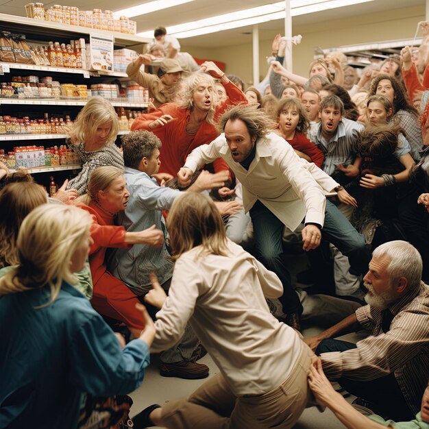 a group of people are in a store with one of them has a sign that says  do not touch