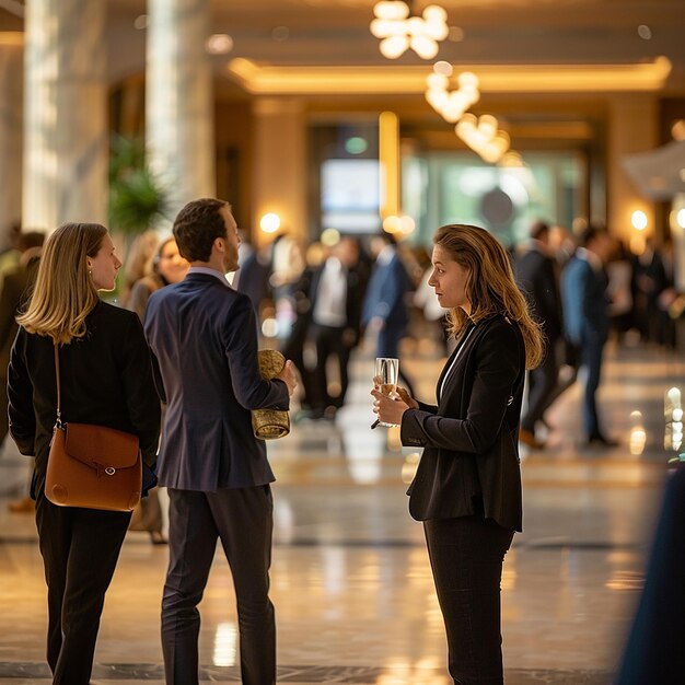 Photo a group of people are talking in a lobby with a man in a suit and a woman in a suit