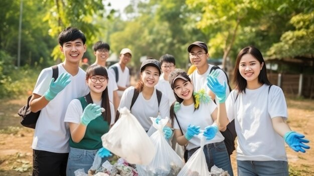 한 무리의 사람들이 쓰레기를 모으기 위해 장갑을 사용하고 있다