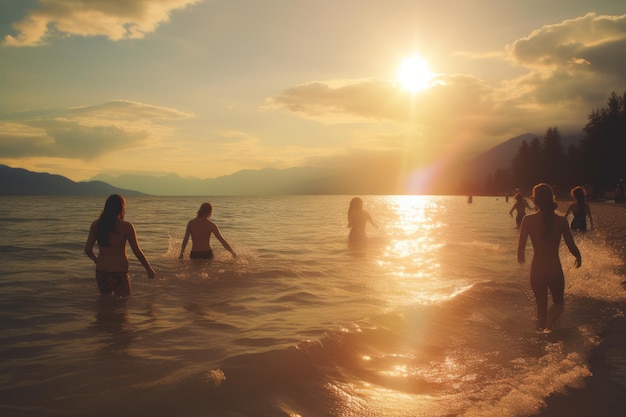 A group of people are wading in the water at sunset.