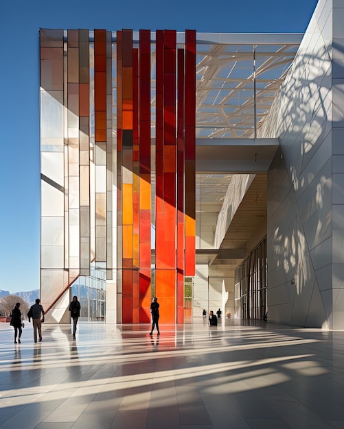 Photo a group of people are walking around a building with colorful glass panels