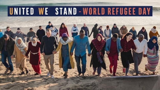 Foto un gruppo di persone sta camminando sulla spiaggia e uno dice che ci alziamo