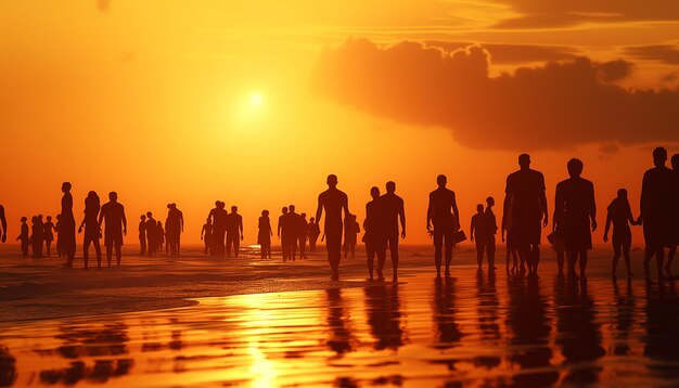 Photo a group of people are walking on the beach at sunset