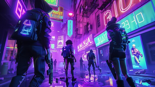 A group of people are walking down a street in a futuristic city The street is lit up by neon lights and there are people standing on the street