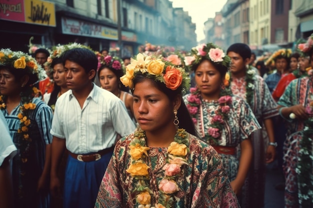 A group of people are walking down a street, wearing colorful flowers.