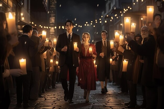 A group of people are walking down a street with candles in front of them