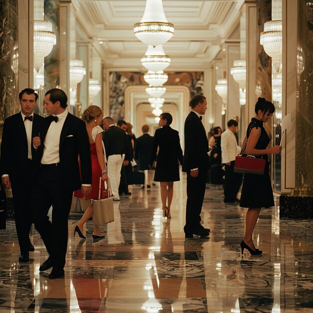 Foto un gruppo di persone sta camminando in un corridoio con un uomo che indossa uno smoking