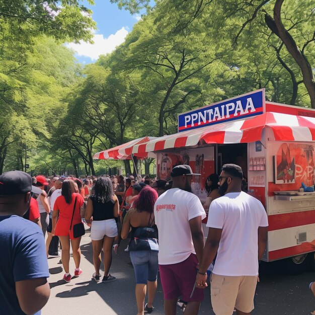 A group of people are walking in line to buy a food truck