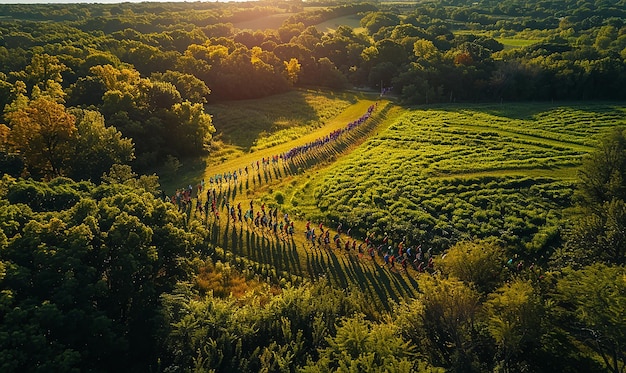 a group of people are walking on a path through a forest