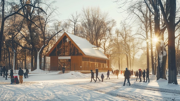 a group of people are walking in the snow in front of a building with the word quot winter