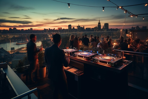 A group of people are watching a party on a rooftop.