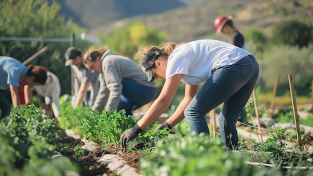 Foto un gruppo di persone sta lavorando in un campo a piantare piantine. tutti indossano abiti casuali e lavorano insieme per portare a termine il lavoro.