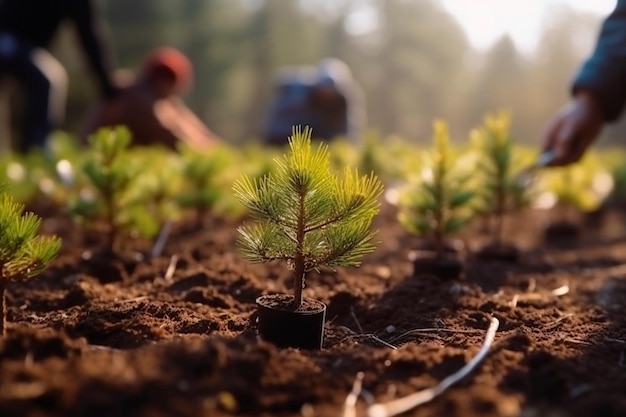 Photo a group of people are working in a field with a tree growing in the background.