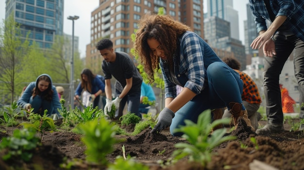 Foto un gruppo di persone sta lavorando in un giardino con una città sullo sfondo