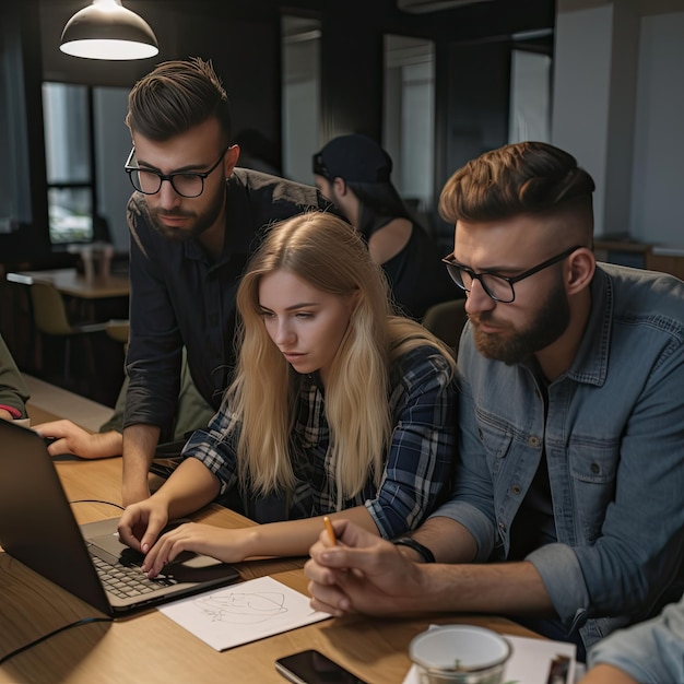 A group of people are working on a laptop.