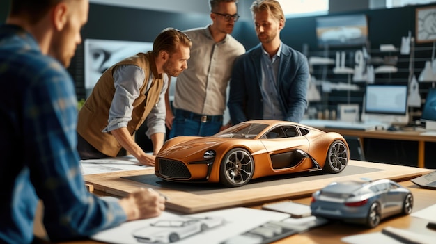 A group of people are working on a model car aig