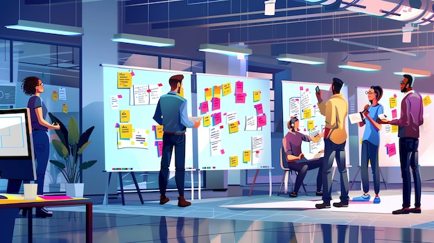 A group of people are working together in an office
