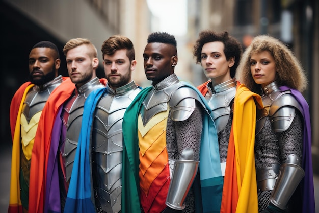 a group of people in armor with rainbow capes