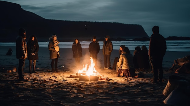 A group of people around a campfire at night