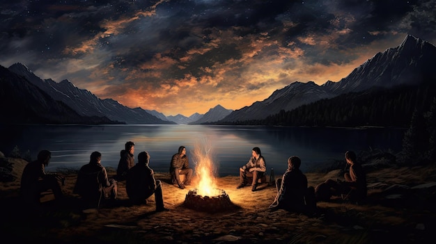 a group of people around a campfire, sitting around a campfire.