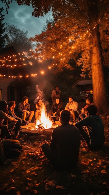 a group of people around a campfire with a group of people around it