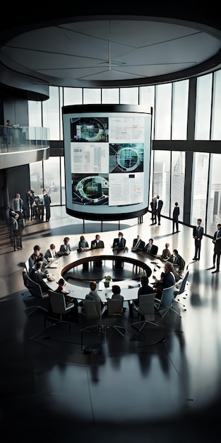 A group of people around a round table in an office with a large screen above it that says'the word'on it '