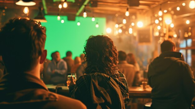 Foto gruppo di persone in un bar che guardano uno schermo televisivo con uno schermo chiave chroma verde