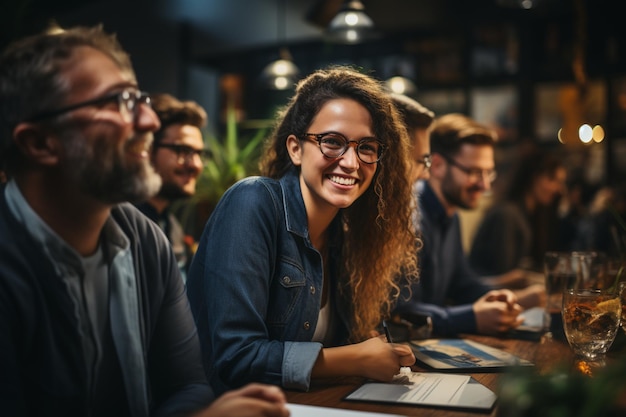 Group of people in a bar with a menu that says " you're at the top right corner "