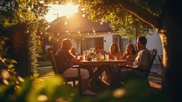 Группа людей на барбекю на закате Летний отпуск Жареные овощи Ужин на гриле Вкусное сочное мясо, приготовленное на гриле Праздник