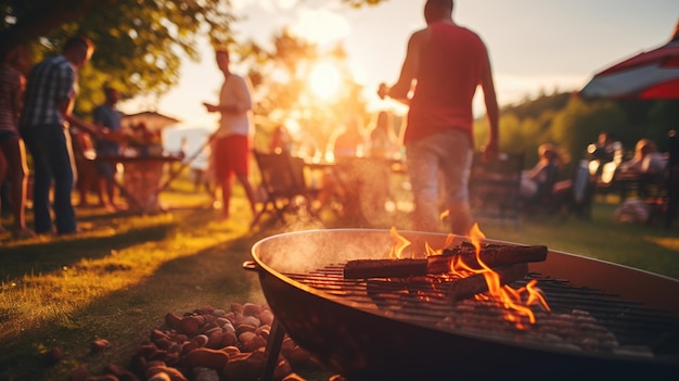 A group of people at a barbecue at sunset Summer vacation Grilled vegetables Dinner on the grill Tasty juicy meat cooked on the grill Holiday