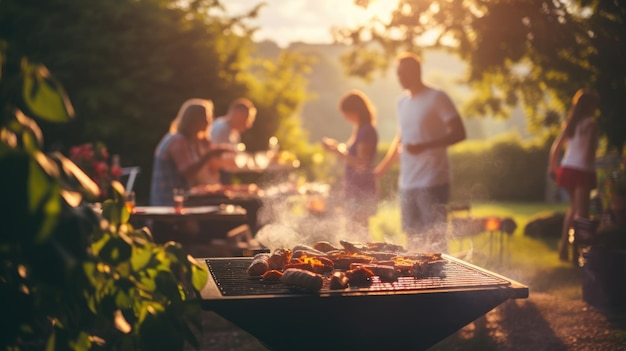 A group of people at a barbecue at sunset Summer vacation Grilled vegetables Dinner on the grill Tasty juicy meat cooked on the grill Holiday