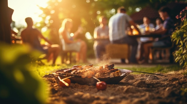 A group of people at a barbecue at sunset Summer vacation Grilled vegetables Dinner on the grill Tasty juicy meat cooked on the grill Holiday