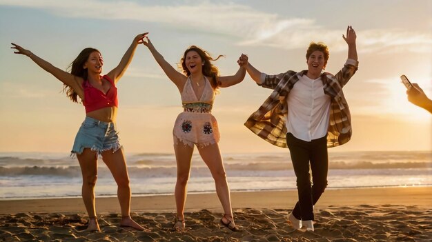 a group of people on a beach with one wearing a shirt that says  the word