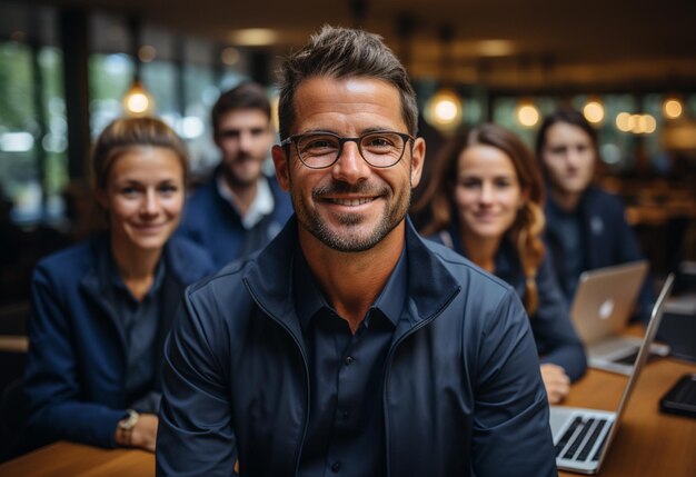 a group of people in a boardroom with a man wearing glasses.