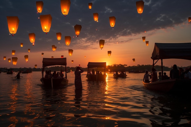 A group of people on boats float with lanterns floating in the water at sunset.