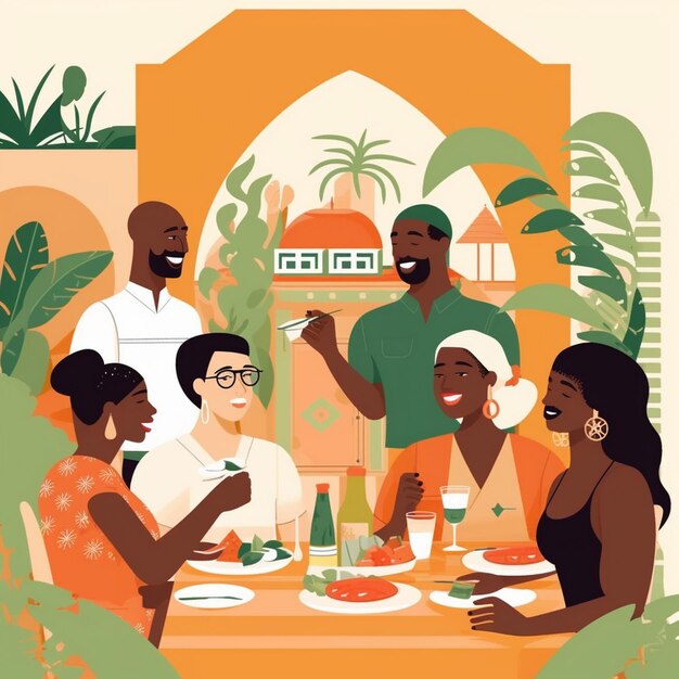 Group of people bright vector dining hall illustration