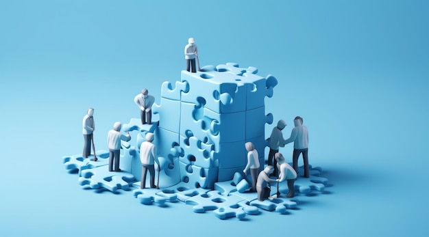 A group of people build a puzzle.