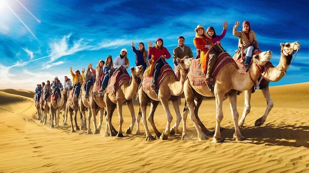 사막 에서 낙타 를 타고 있는 사람 들 의 집단