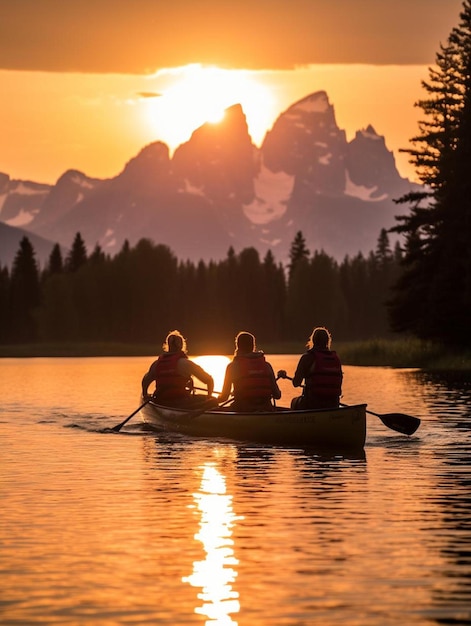 Foto un gruppo di persone in canoa su un lago