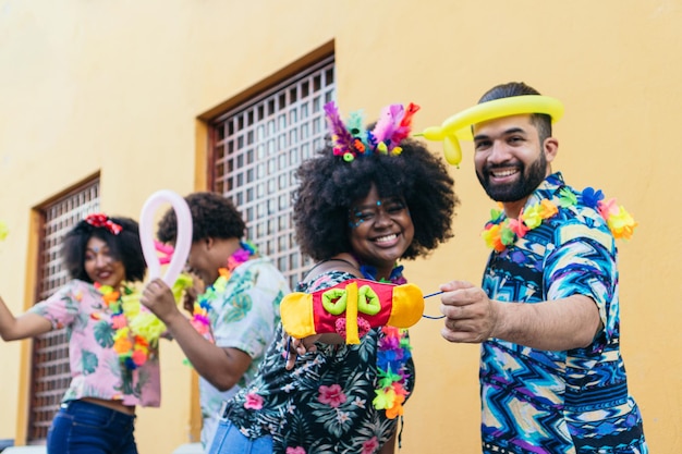 Group of people in Carnival in the streets of Barranquilla Colombia