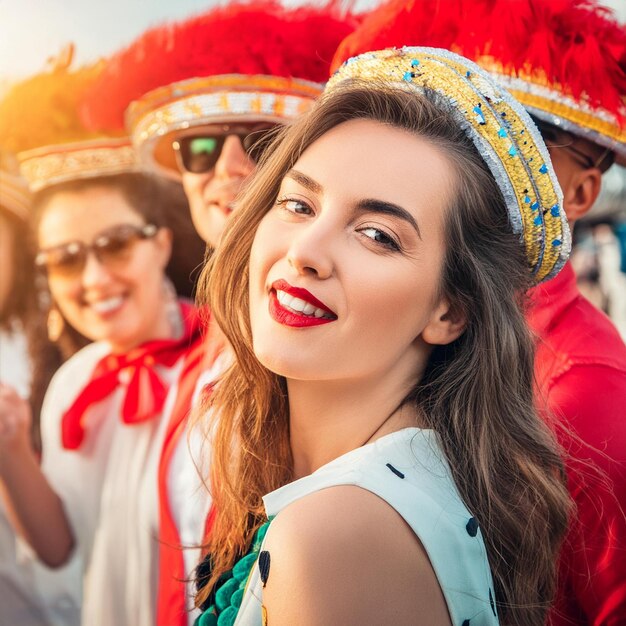 Photo group of people in a carnival with hats and sombrero