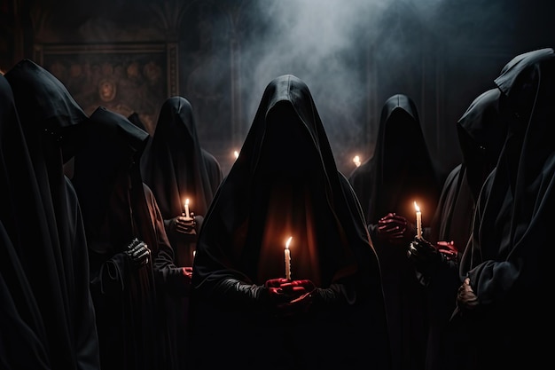 Group of people in the catholic church on a dark background with smoke Secret society ceremony people in hoods praying together Members of sect perform the ritual in dark AI Generated