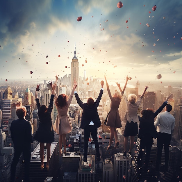 Foto un gruppo di persone celebra il successo della vita cittadina