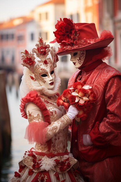 Группа людей празднует венецианский карнавал