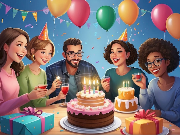 a group of people celebrating a birthday with a cake and candles on it