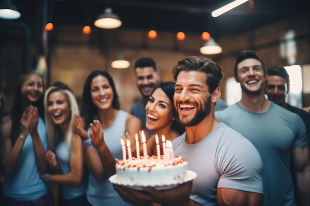 Group of people celebrating a birthday with a cake and candles