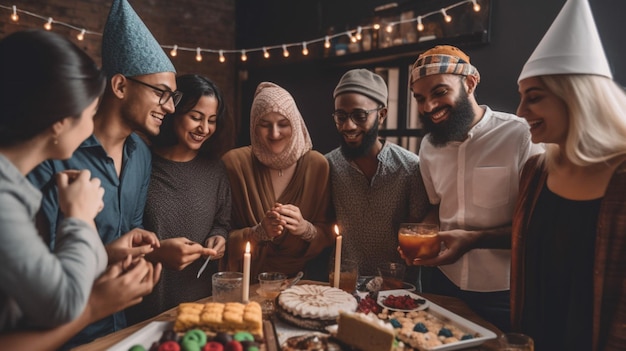 A group of people celebrating a birthday with a cake and candles