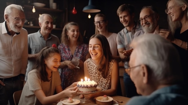 A group of people celebrating a birthday with a cake and a woman holding a cake with the words " happy birthday " on the top.